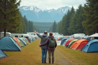 Couple avec carte devant un grand camping en pleine nature