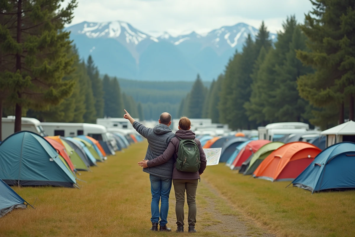 Couple avec carte devant un grand camping en pleine nature