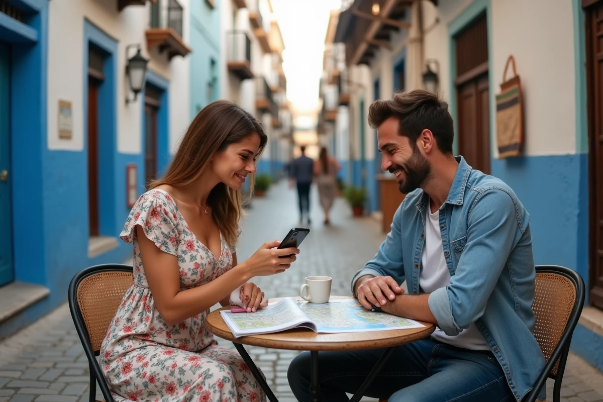 Couple planifiant un voyage sur mesure dans le nord du Maroc avec une carte et un smartphone dans la médina de Tétouan