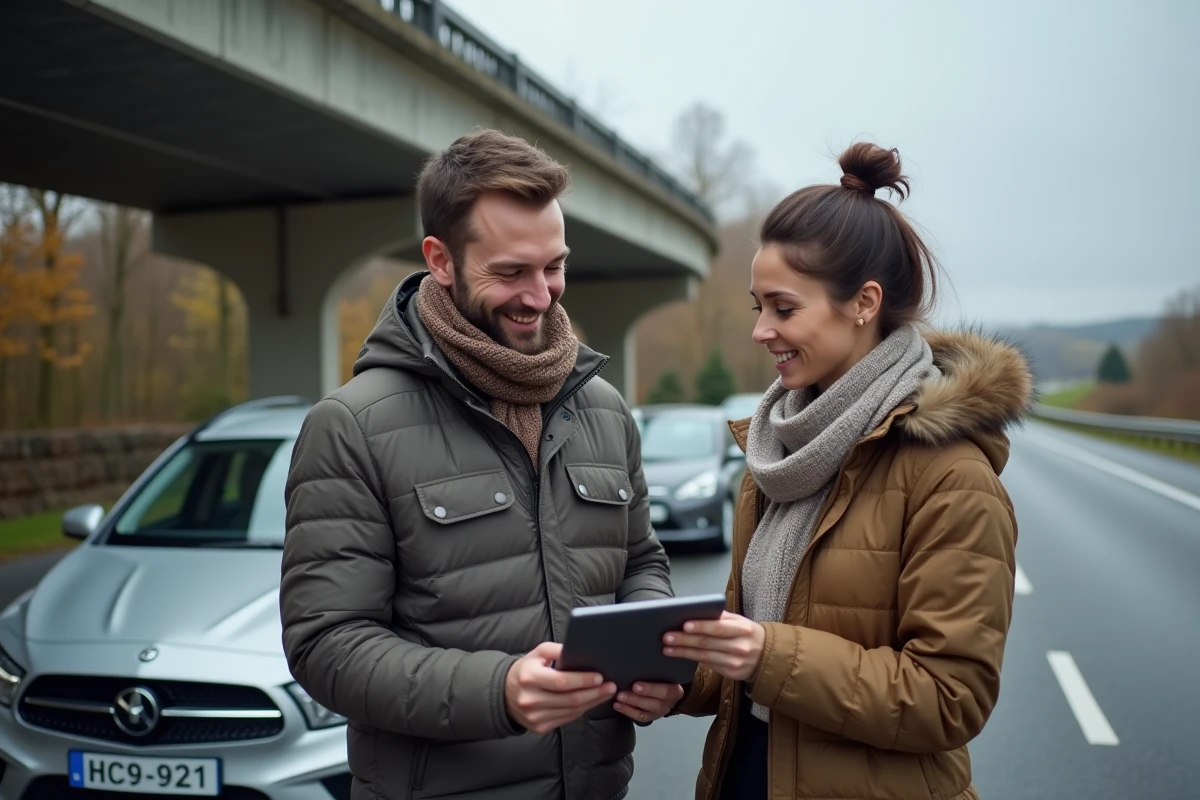 Couple consultant un itinéraire routier sur tablette lors d'une pause sur une aire d'autoroute en France