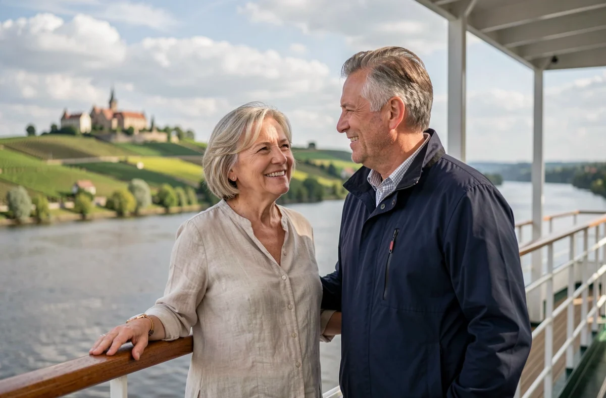 Couple de voyageurs profitant d'une croisière sur le Danube au printemps depuis le pont d'un bateau fluvial
