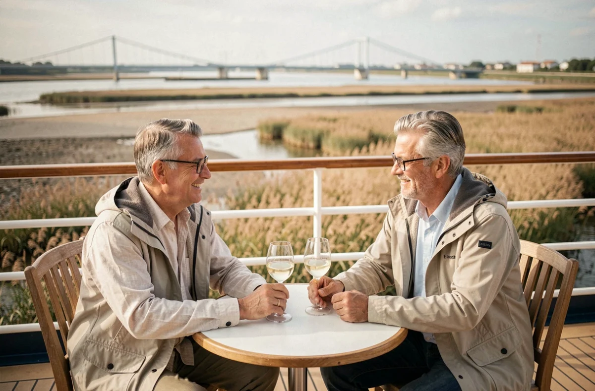 Couple profitant d'un verre sur le pont arrière d'un bateau de croisière dans l'estuaire de la Loire