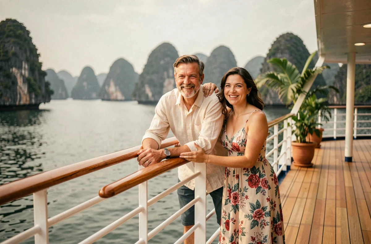 Couple profitant de la vue panoramique sur la baie d'Halong depuis le pont avant d'un bateau de croisière de luxe