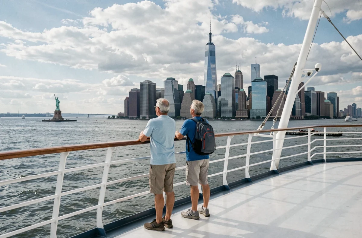 Couple sur un bateau de croisière admirant la skyline de New York depuis le pont avant