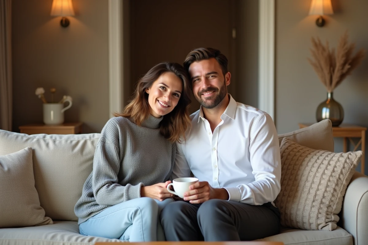 Couple profitant d'un moment privé et discret dans un espace lounge d'hôtel de jour