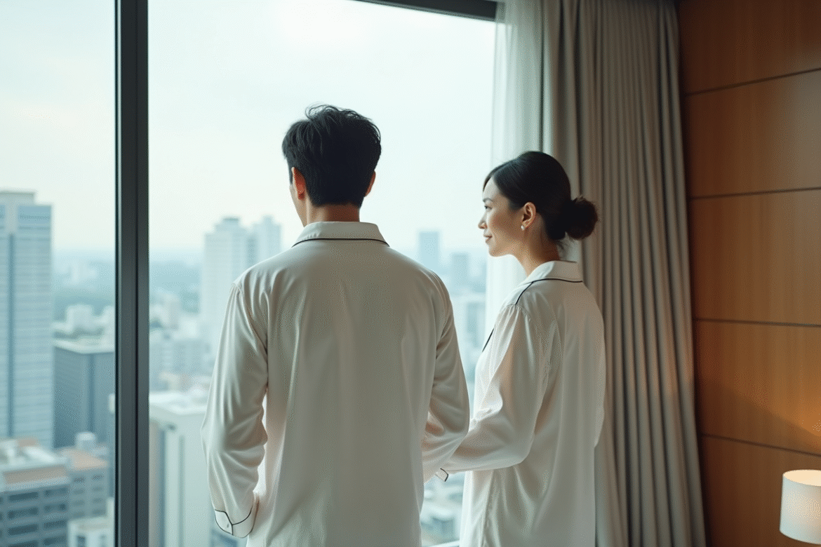 Couple japonais en pyjamas dans une chambre d'hôtel moderne