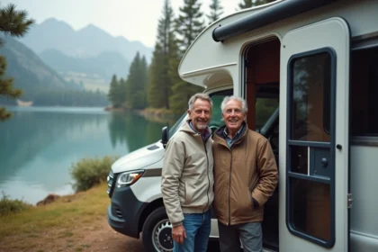 Couple souriant près d’un camping-car au bord du lac