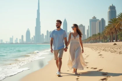 Jeune couple souriant sur la plage de Dubaï avec skyline