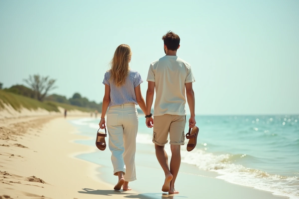 Couple marchant pieds nus sur une plage tranquille lors d'un voyage d'août économique