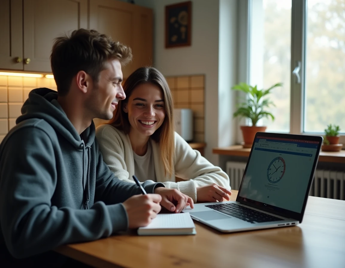 Couple planifiant un voyage depuis Paris en consultant les fuseaux horaires France et La Réunion sur un ordinateur portable