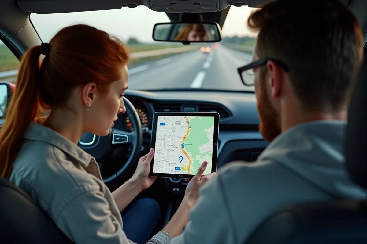 Couple planifiant un trajet en voiture en comparant plusieurs itinéraires sur une tablette avec l'application Mappy