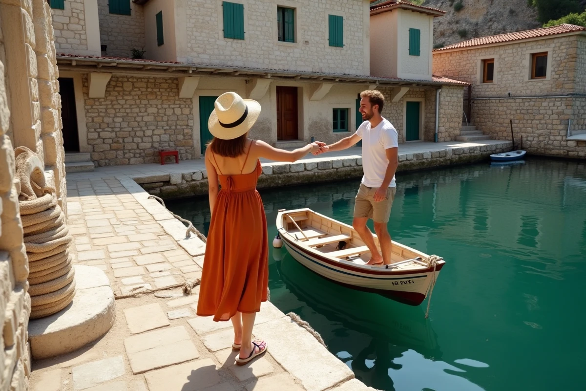 Femme en robe terracotta tendant la main à son compagnon sur le quai en pierre du port de Limeni au Magne