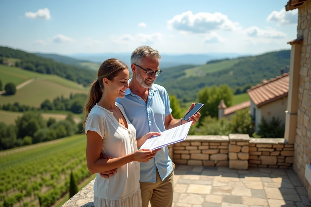 Couple vérifiant une confirmation de réservation de location sur une terrasse en pierre dans la campagne française