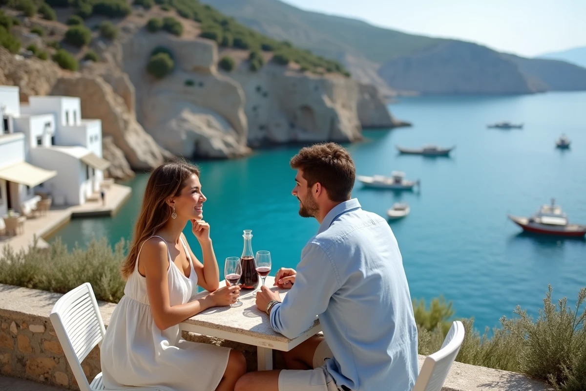 Couple romantique attablé dans une taverne en pierre de Limeni avec vue sur la baie turquoise du Magne en Grèce