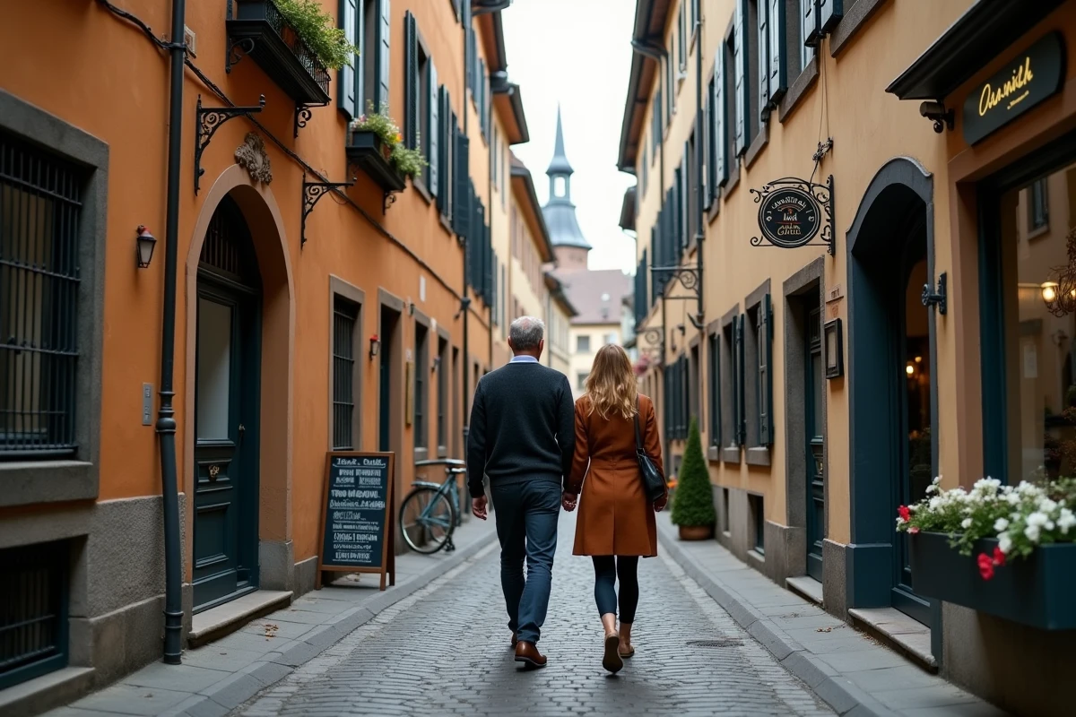 Couple se promenant dans une ruelle pavée de la vieille ville d'Heidelberg avec maisons en grès rouge