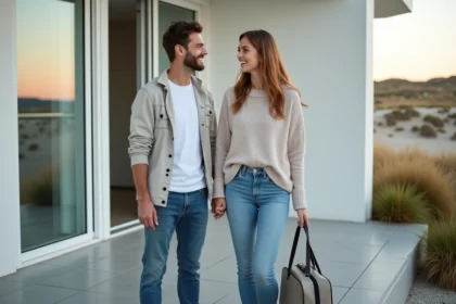 Jeune couple souriant devant un hôtel en bord de mer