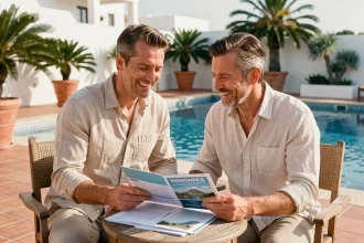 Couple souriant consultant un dossier de voyage tout compris sur la terrasse d'un resort méditerranéen avec piscine