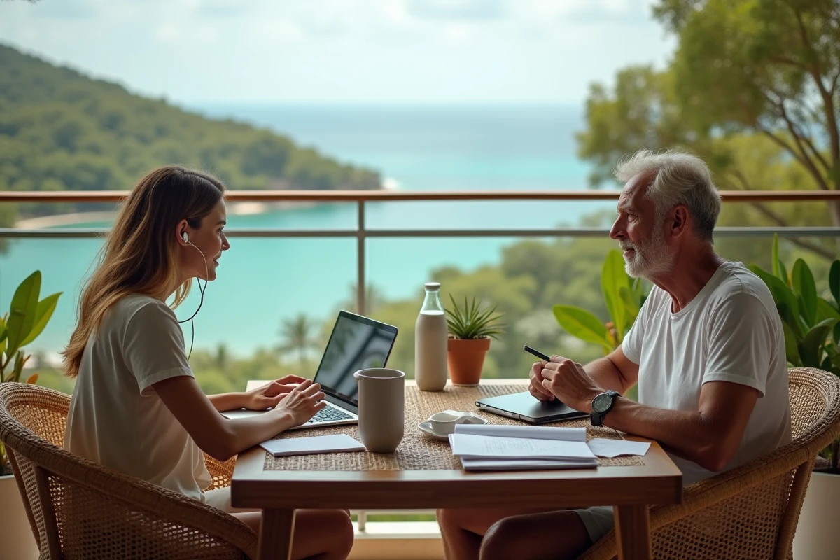 Couple en télétravail sur un balcon de location de vacances avec vue côtière, ordinateur portable et documents sur table en rotin