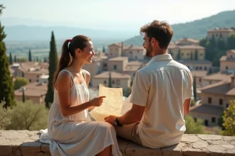 Couple en vacances d'été regardant une carte devant un village méditerranéen pittoresque