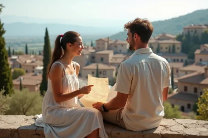 Couple en vacances d'été regardant une carte devant un village méditerranéen pittoresque