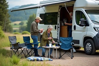 Couple souriant avec accessoires de camping devant leur van