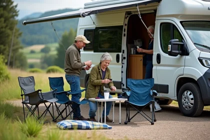 Couple souriant avec accessoires de camping devant leur van