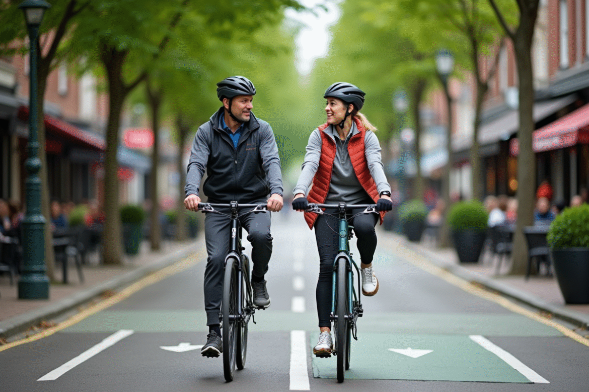 Couple à vélo en ville sur une piste urbaine verte