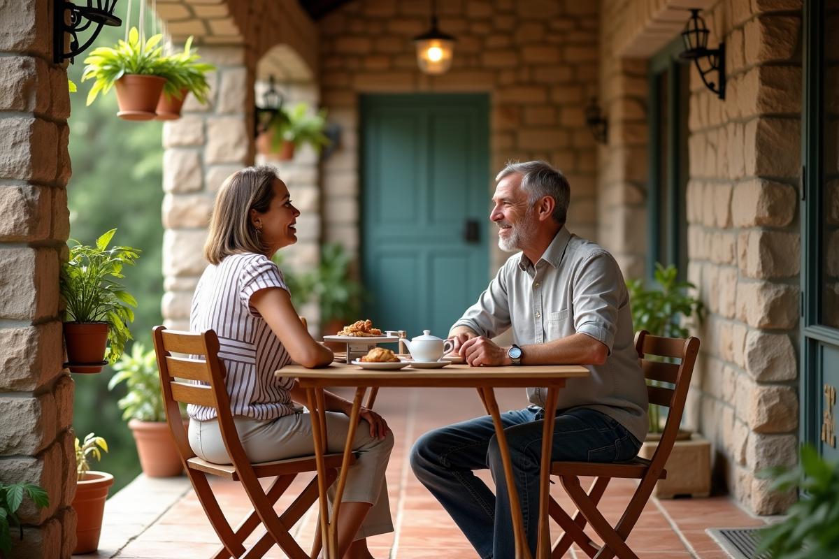Couple détendu discutant sur une véranda avec thé et pâtisseries
