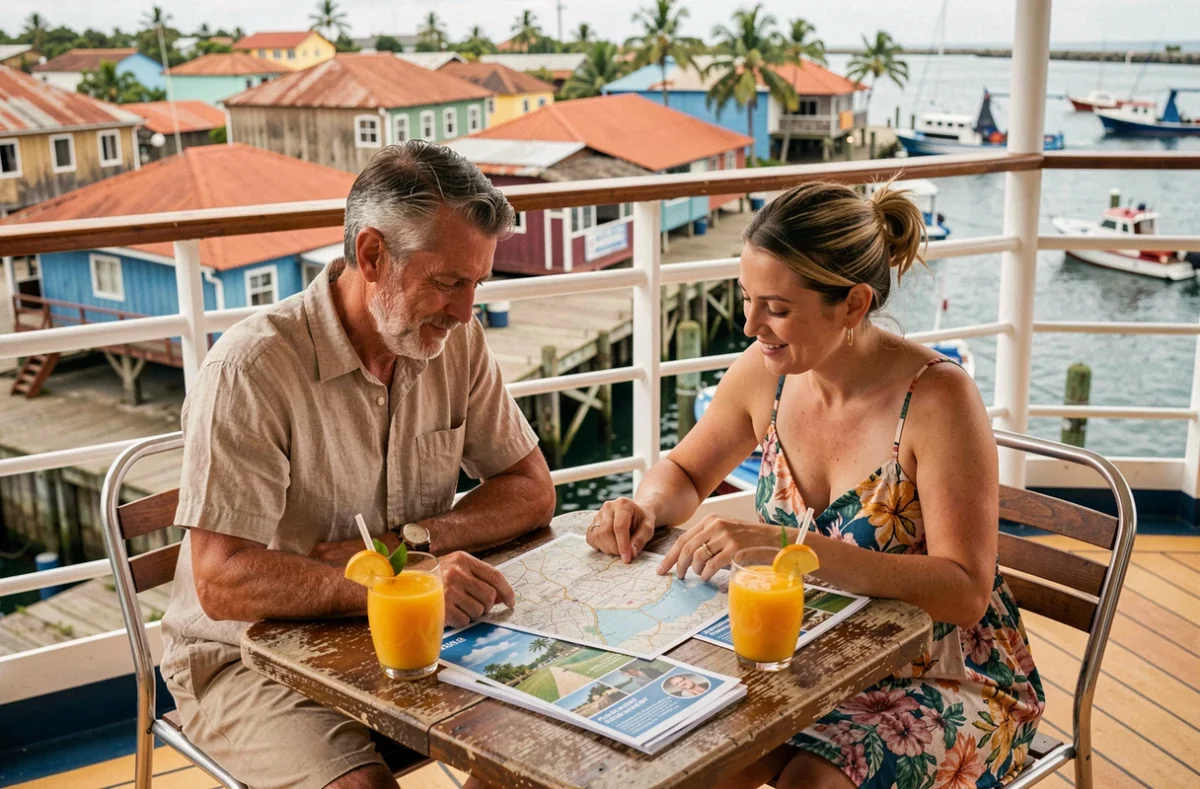 Un couple planifiant leur escale de croisière au Costa Rica avec une carte et des brochures sur le pont du navire