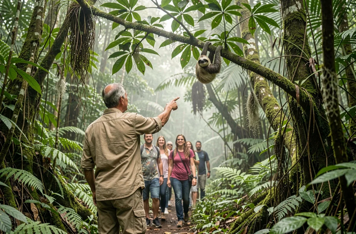 Un guide naturaliste montrant un paresseux à des passagers de croisière dans la forêt tropicale du Costa Rica