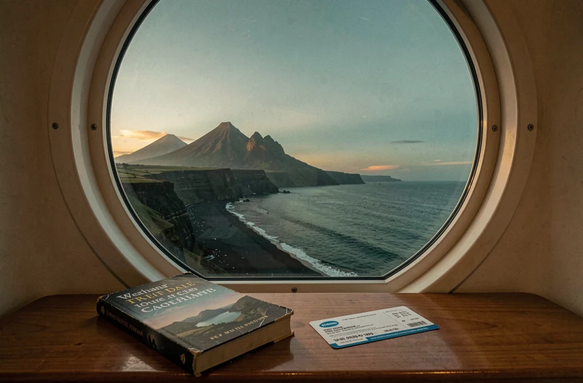 Vue sur la côte volcanique du Costa Rica au crépuscule encadrée par le hublot d'une cabine de croisière