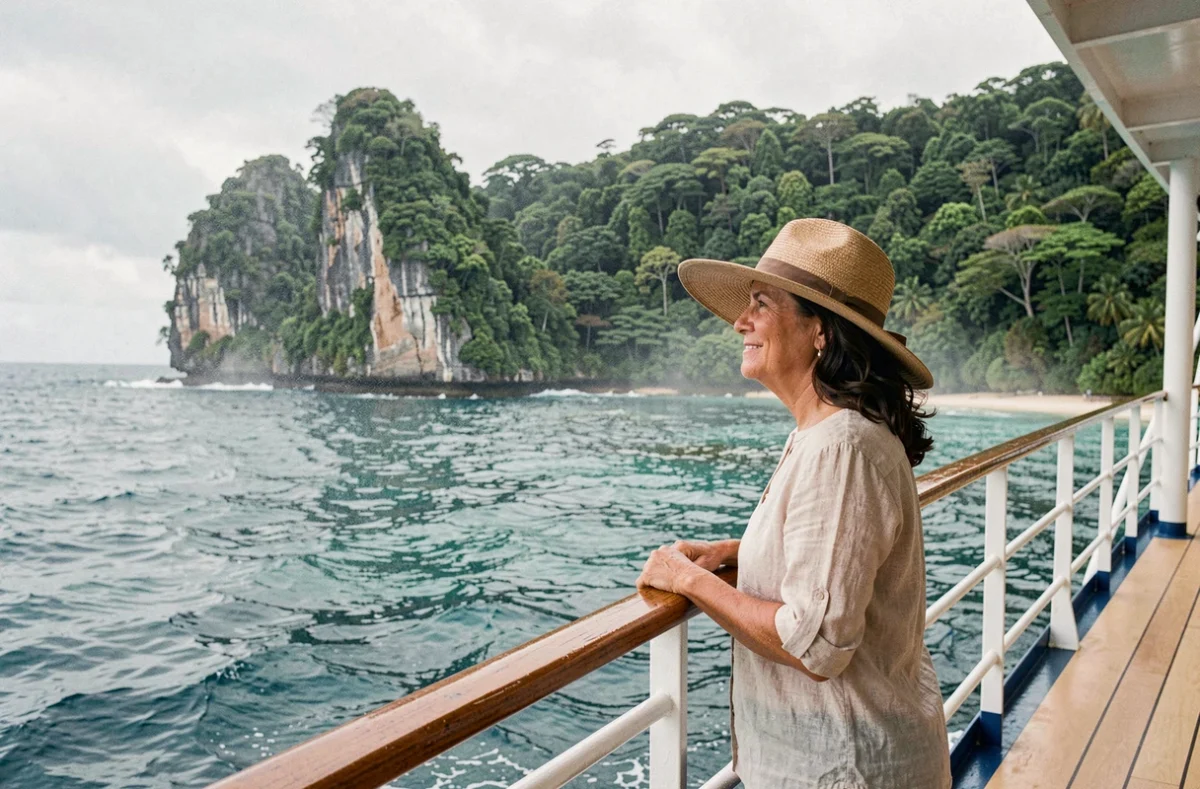Une voyageuse à la proue d'un bateau de croisière contemplant la côte tropicale verdoyante du Costa Rica