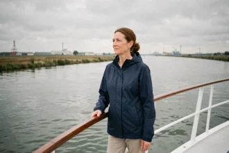 Femme sur le pont avant d'une croisière fluviale sur la Loire entre Nantes et Saint-Nazaire