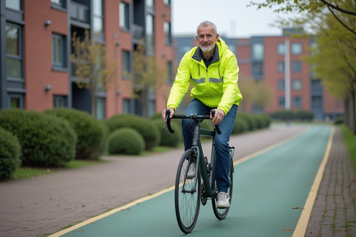 Homme néerlandais à vélo urbain en jacket réfléchissante