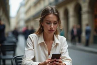Femme à Paris consultant deux fuseaux horaires sur son smartphone pour gérer le décalage horaire avec La Réunion