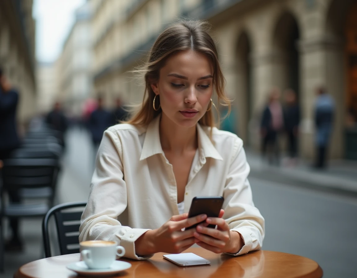 Femme à Paris consultant deux fuseaux horaires sur son smartphone pour gérer le décalage horaire avec La Réunion