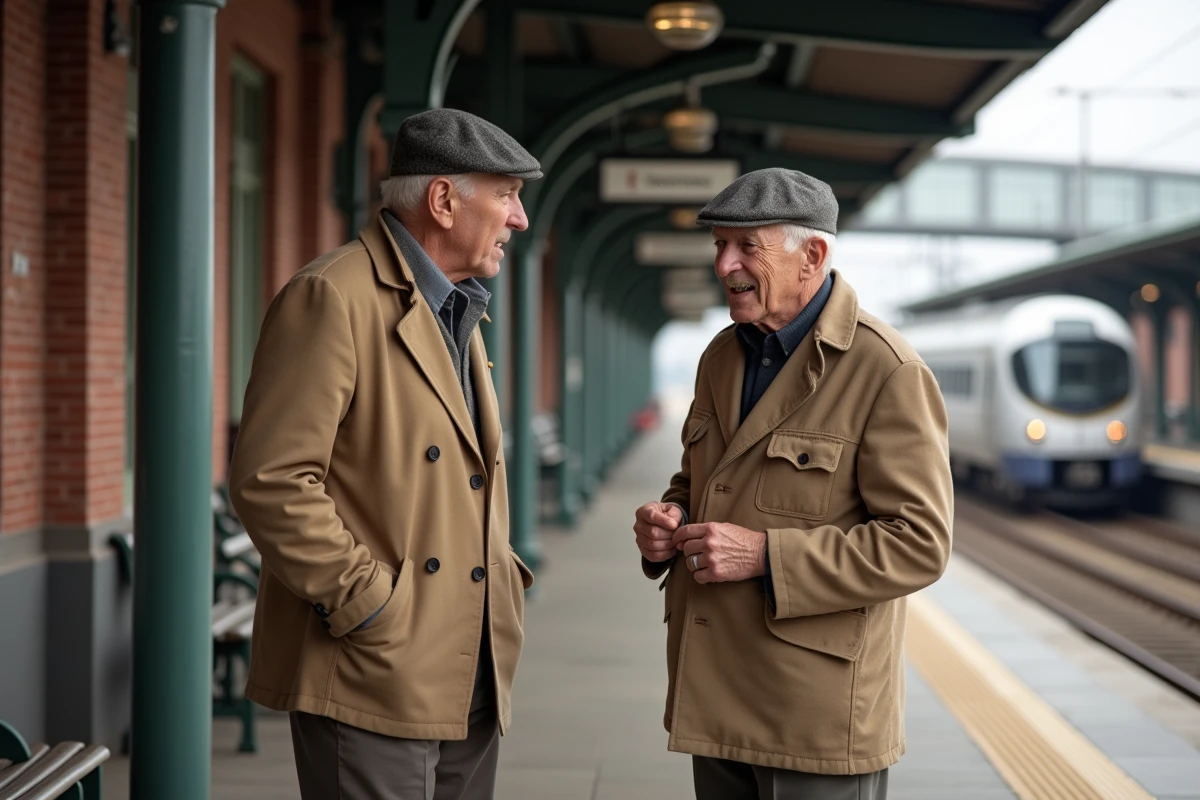 Deux hommes âgés discutant à la gare belge