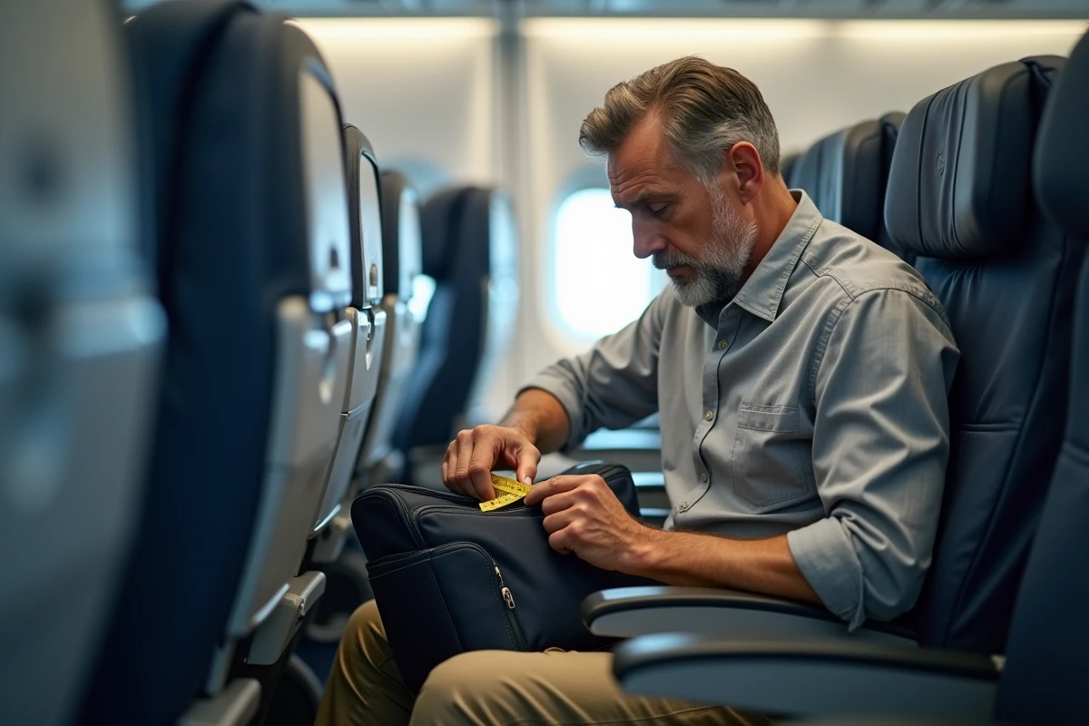 Passager vérifiant les dimensions de son bagage à main sous le siège en avion