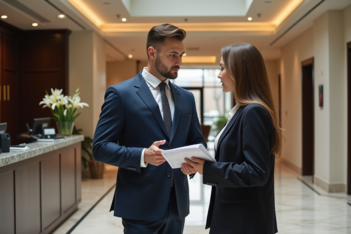 Un homme en costume discutant avec une femme dans un lobby d