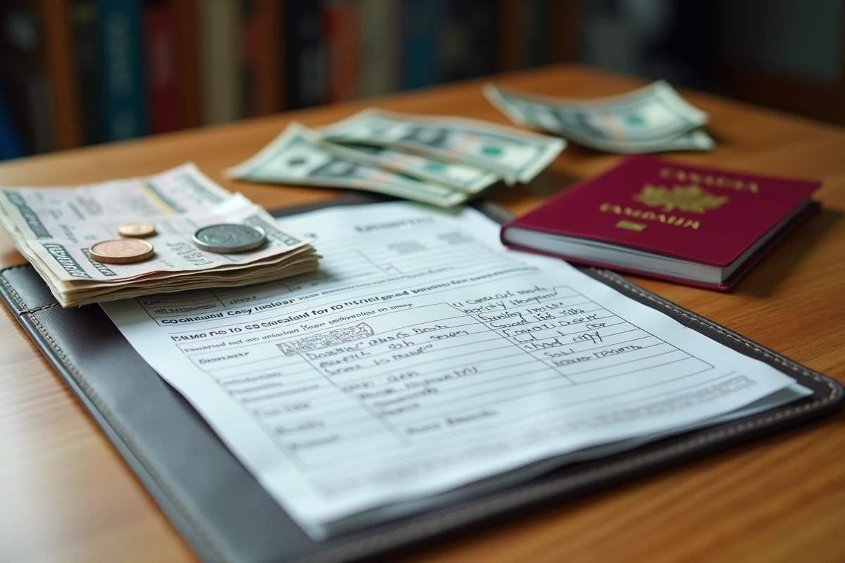 Vue de dessus d'un passeport canadien, billets de transport et devises pour un voyage Montréal New York avec liste de dépenses