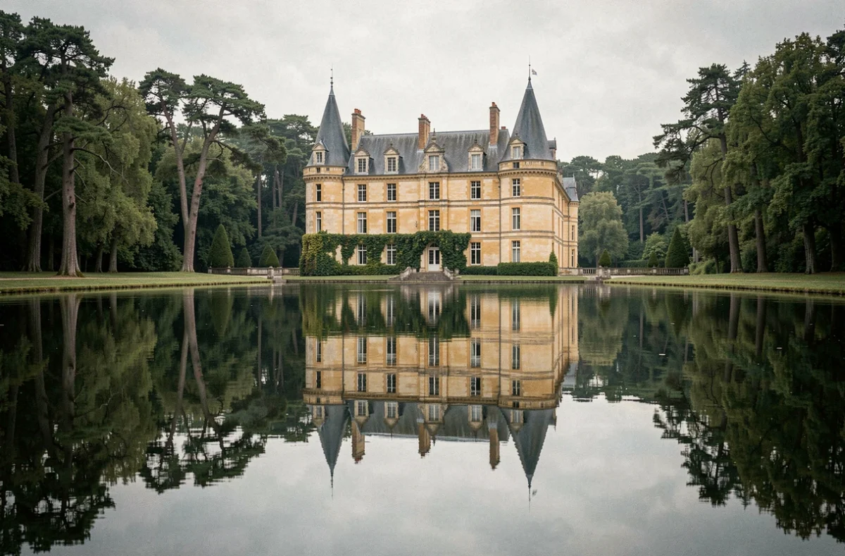 Le château médiéval du Domaine de la Bretesche reflété dans son lac ornemental entouré de forêts de chênes
