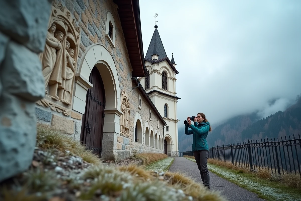 Photographe féminine photographiant l'église baroque Saints-Pierre-et-Paul d'Oberammergau sous un ciel alpin nuageux avec vue sur les collines boisées environnantes