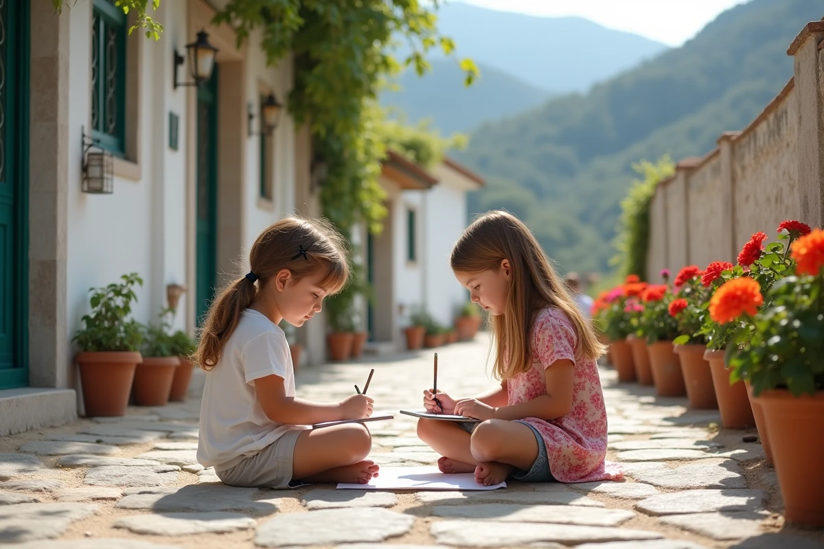 Enfants peignant dans un village de montagne