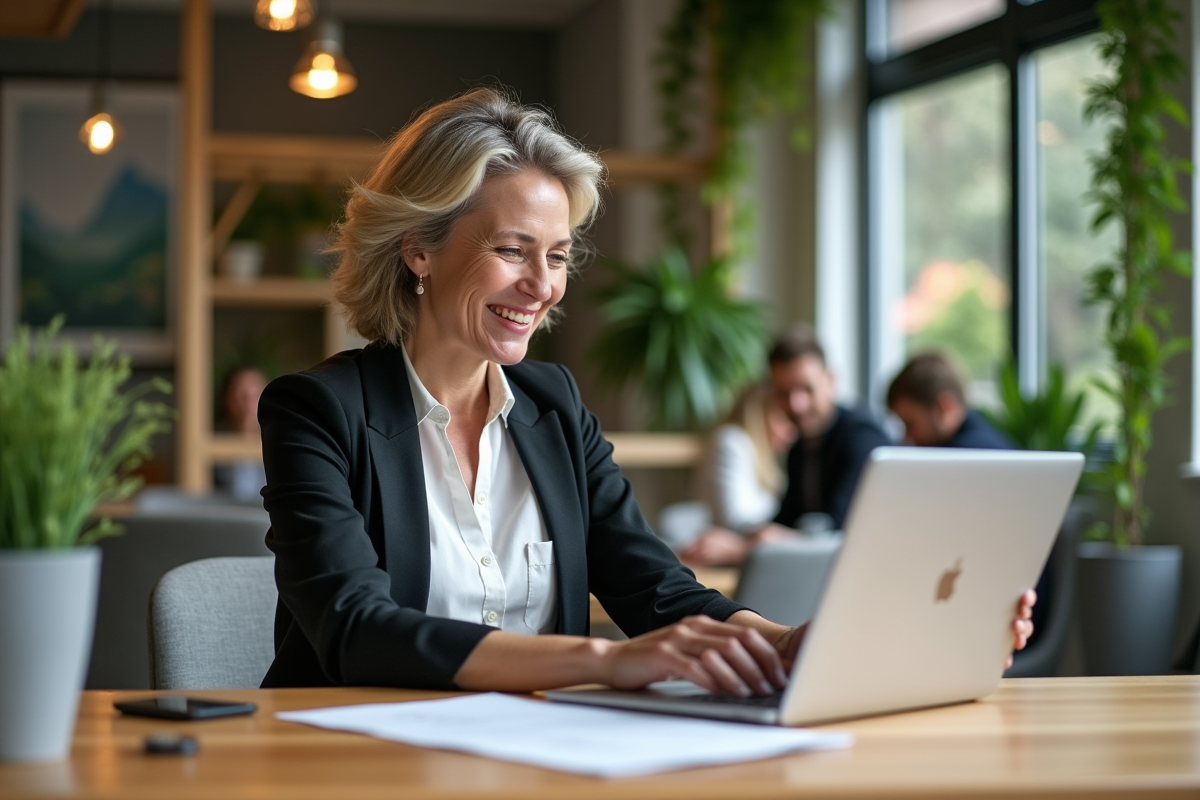 Femme entrepreneure planifiant voyages durables en coworking