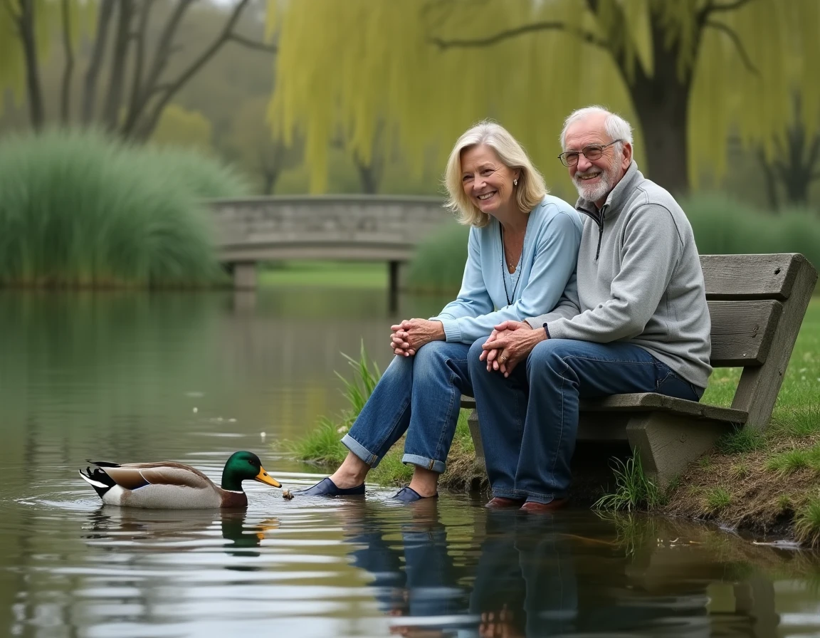 Couple assis sur un banc au bord de l'étang du Clove Lakes Park à Staten Island, canards sur l'eau et reflets de saules pleureurs