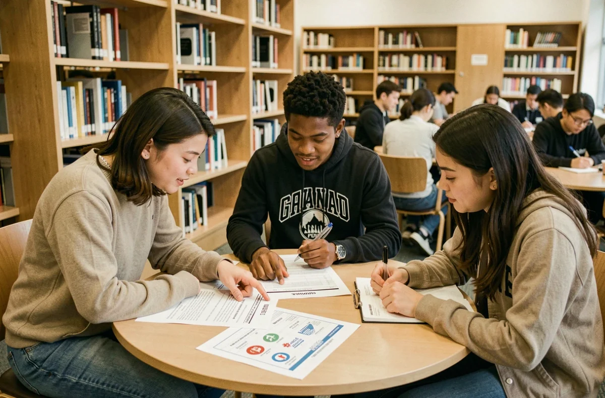 Étudiants comparant des listes de pays asiatiques selon différentes organisations internationales dans une bibliothèque universitaire