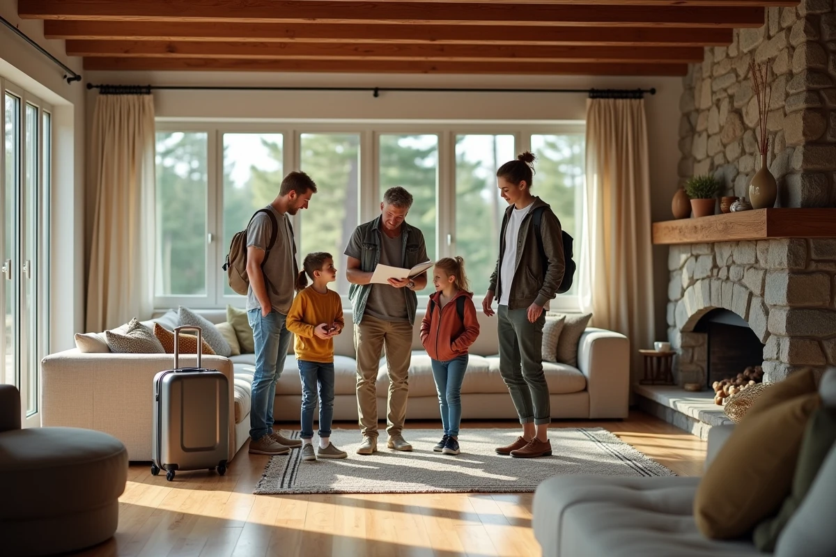 Famille découvrant l'intérieur d'une maison de vacances avec vue sur forêt côtière lors de leur arrivée