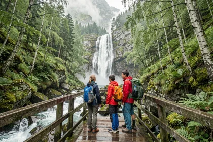 Famille en randonnée devant une cascade en Haute-Savoie sur un pont en bois entouré de forêt alpine