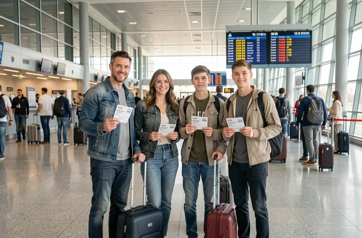 Famille sereine avec bagages à l'aéroport avant un départ en séjour tout compris assuré par Selectour