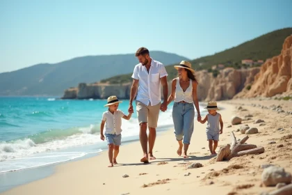 Famille de quatre sur la plage de Crète en été